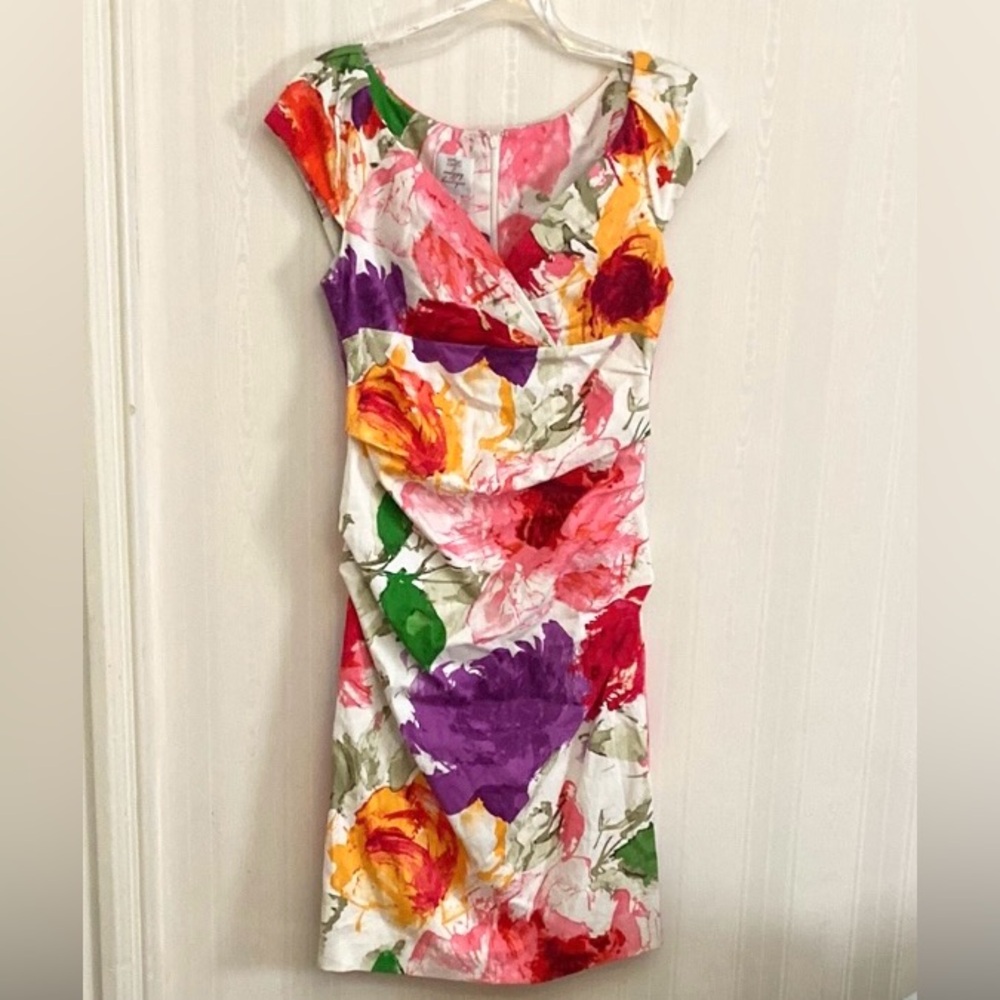 Suzi Chin for Maggy Boutique Purple and Orange Ruched Sheath Dress